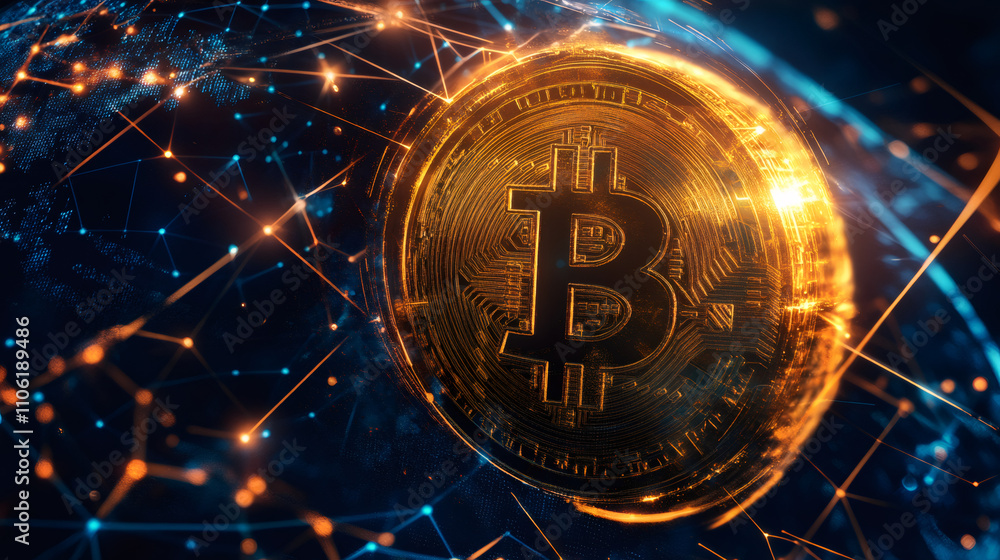 Aufkleber golden bitcoin symbolizing the expanding and interconnected world of cryptocurrency in global financ