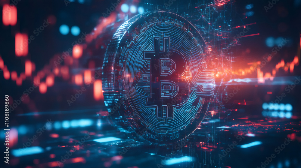 Aufkleber bitcoin cryptocurrency displaying financial data on digital charts background, representing investme