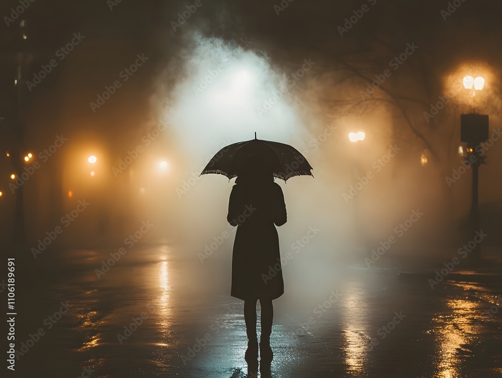 Poster mysterious figure with umbrella in foggy urban setting under streetlights at night capturing a sense