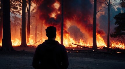 Silhouette Against Wildfire Evoking Urgency