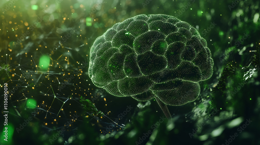 Aufkleber digital brain glowing green in a plexus surrounding, representing artificial intelligence, deep lear