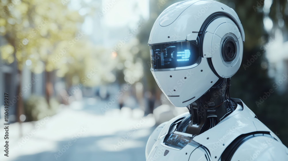 Poster urban navigation by a white humanoid robot, with digital display featuring futuristic technology and