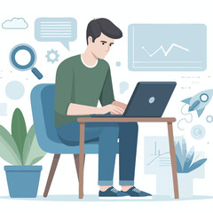 a boy is using his laptop vector