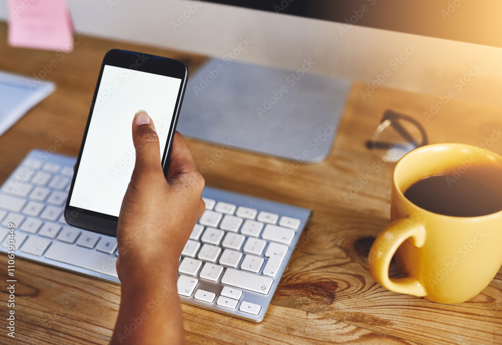 Poster phone, hands and person with white screen, computer and work from home with freelancer. social media