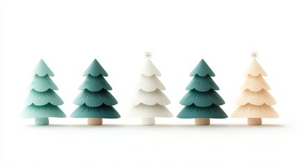 Fototapeta premium A collection of minimalist Christmas trees in shades of green and white, beautifully arranged on a plain background, perfect for festive decor and seasonal celebrations.