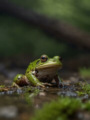 Obraz premium Green frog resting and gazing at its surroundings.