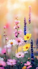 Naklejka premium Beautiful wildflowers blooming in a sunny meadow during springtime