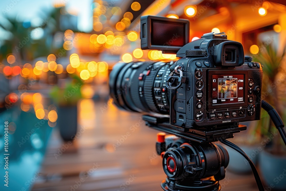 Aufkleber dslr camera on tripod with bokeh lights in background