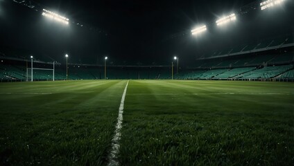 Green grass field under stadium lights with copy space.