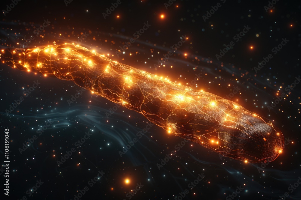 Poster glowing cosmic object with intricate network of lines and lights