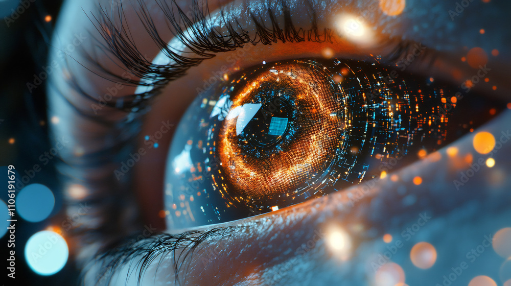 Poster futuristic eye with rotating digital information, symbolizing artificial intelligence, big data, and