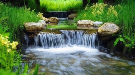 Naklejka premium Serene Waterfall Flows Through Lush Green Landscape