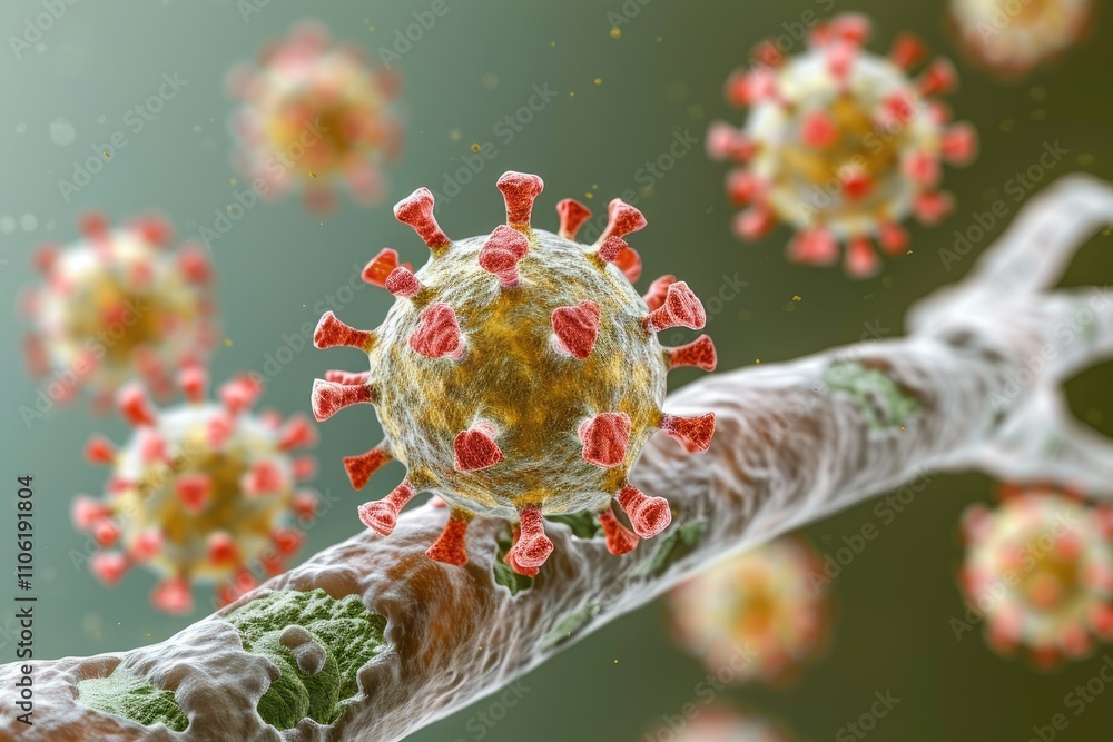 Poster microscopic view of a coronavirus particle on a cell surface