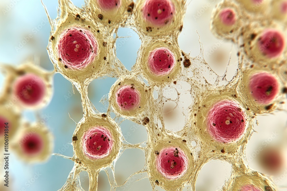 Poster microscopic view of cells interconnected by a network of filaments
