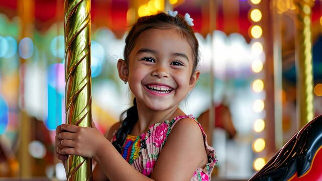 A young girl with a big smile enjoys a ride on a brightly lit carousel