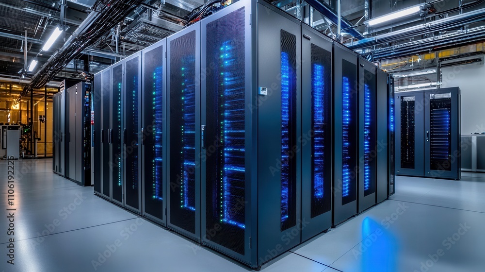 Poster a shot of a data center featuring numerous rows of fully operational server racks, representing cutt