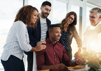 Business people, web design or group with celebration, promotion or cheering in modern office....