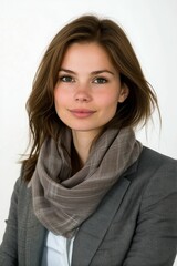 Obraz premium Young woman, brown hair, gray jacket, neutral scarf.