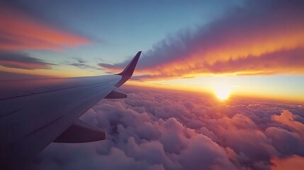 Obraz premium Airplane Wing Sunset Cloudscape Above The World
