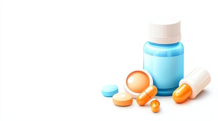 A colorful assortment of pills and a blue bottle, showcasing various shapes and sizes of medicine. Ideal for health-related themes, pharmaceuticals, and wellness concepts.