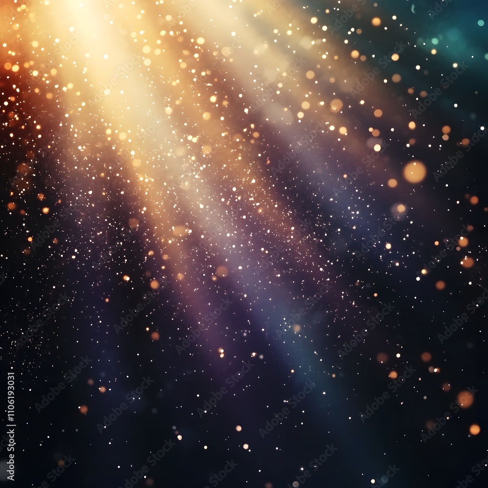 Poster cosmic light particles pouring from the sky cinematic rays with mystical bokeh effect background, ge