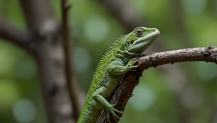 Fototapeta premium Green lizard on a tree.