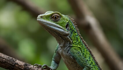Fototapeta premium Green lizard perched on a tree.