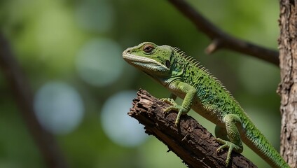 Fototapeta premium Green lizard perched on a tree.