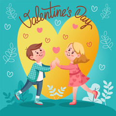 Happy Valentine's Day card with a picture of a boy and a girl on a blue background