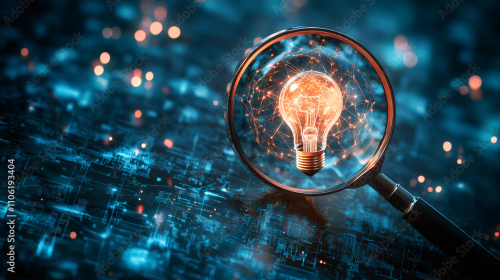 Poster magnifying glass focusing on glowing light bulb connected with network lines above digital circuit b