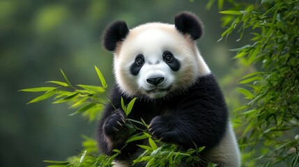 Fototapeta premium Adorable panda cub eating bamboo.