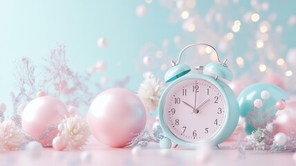 Whimsical New Year's clock with pastel tones, gentle and playful atmosphere. Christmas, New Year's Eve