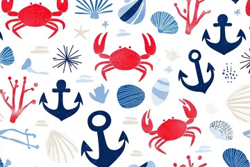 Seamless nautical pattern featuring playful crabs, anchors, and seashells in bright colors for marine themes