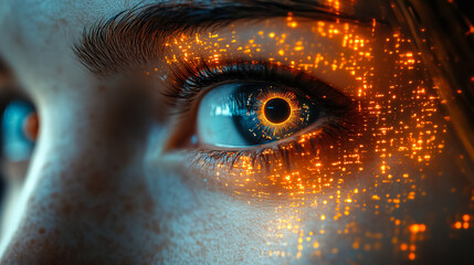 Intricate close-up of a human eye with vibrant digital patterns reflecting in the iris. Generative AI