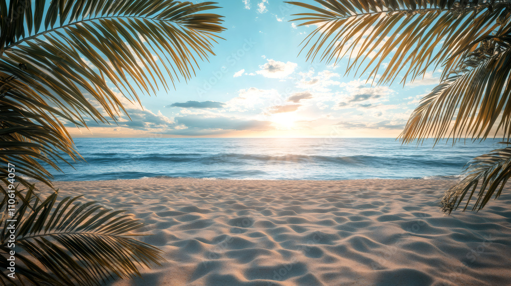 Poster palm trees framing a tranquil beach as the sun sets over the ocean, casting a golden glow on the wav