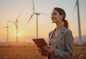 Businesswoman holding tablet and smiling near wind turbines at sunset