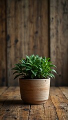 Green plant in a pot on a wooden table.