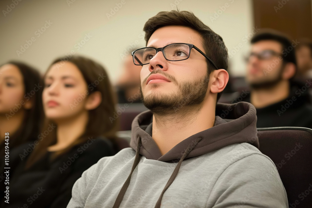Aufkleber engaged audience listens attentively during a university lecture in an academic setting