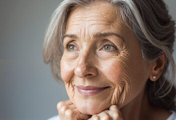 Hopeful senior woman resting chin on hands and smiling