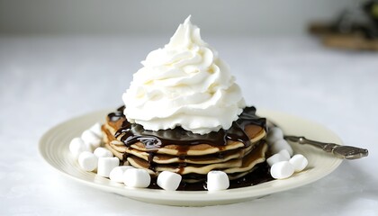 Homemade fluffy pancakes topped with creamy sauce and marshmallows for a delicious treat.