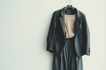 Dark jacket, light sweater, gray pants, hanger.