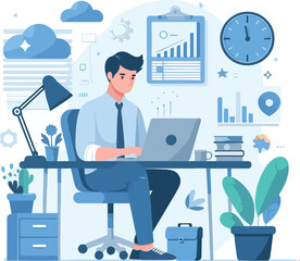 a boy is using his laptop vector