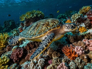 Fototapeta premium Green sea turtle swimming among a colorful coral reef.