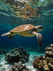 Obraz premium Green sea turtle swimming in the Caribbean coral reef.
