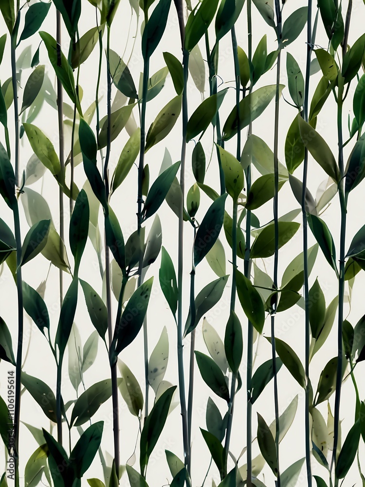 Poster green stems pattern against a white background with bokeh effect.
