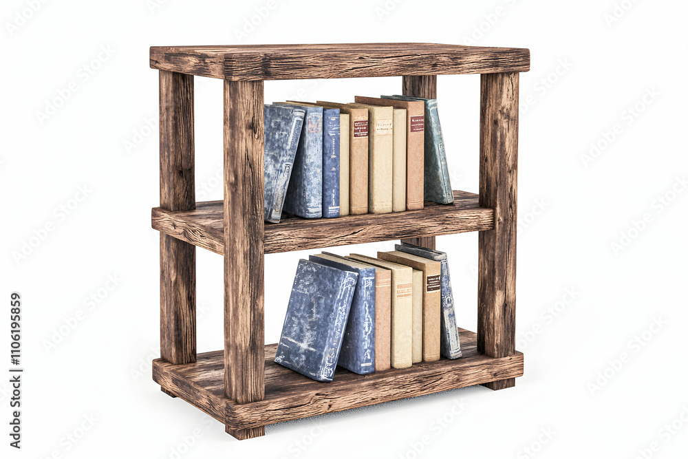 Aufkleber stylish rustic wooden bookshelf displaying various textured books with soft shadows in a bright envi