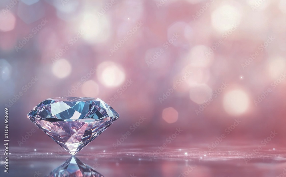 Poster sparkling diamond resting on a reflective surface with a colorful bokeh background