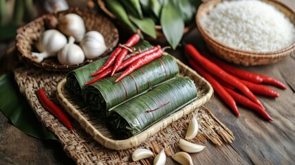 Fototapeta premium Traditional culinary ingredients arranged on a woven mat in a rustic kitchen setting