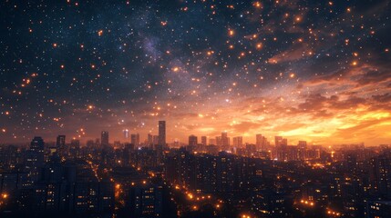 Obraz premium Night cityscape with countless glowing lanterns ascending into a vibrant sunset sky.