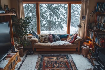 Fototapeta premium Snow Covered Couch In Cozy Winter Living Room